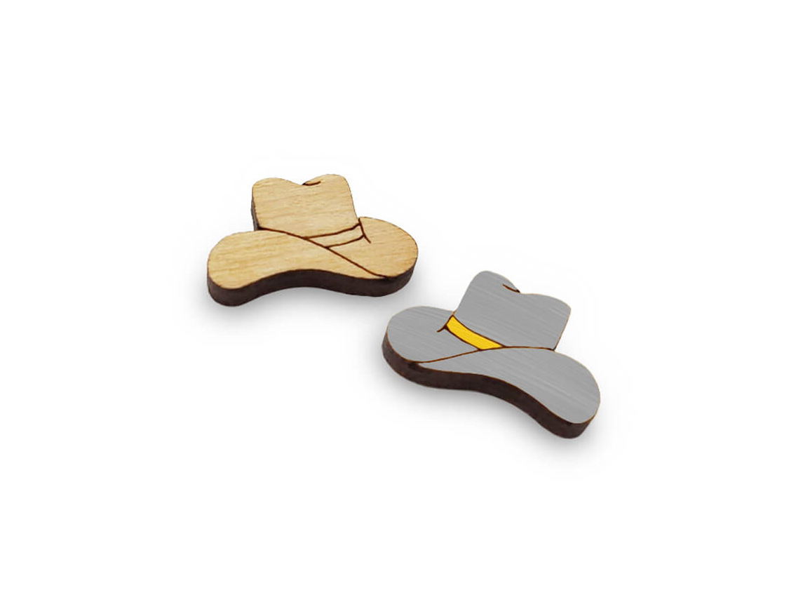 These cowboy hat laser-cut and engraved flat-back wood cabochon blanks are the perfect size to create stud earrings. You can paint them with creative color choices or keep the natural wood look with stains.