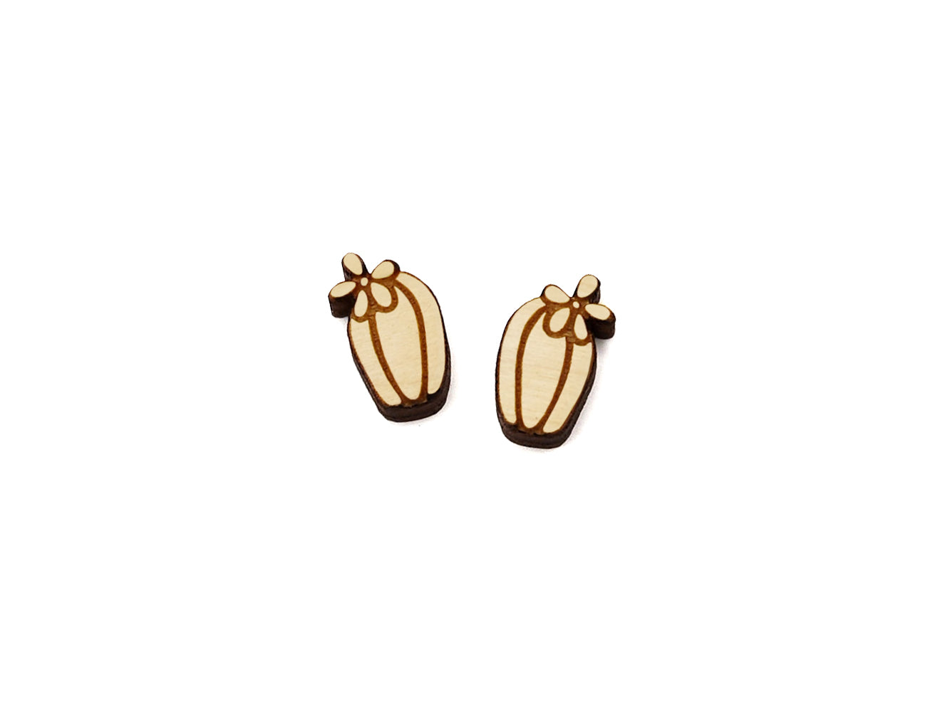 a pair of wooden cabochon stud earring blanks cut and engraved to look like a blooming cactus