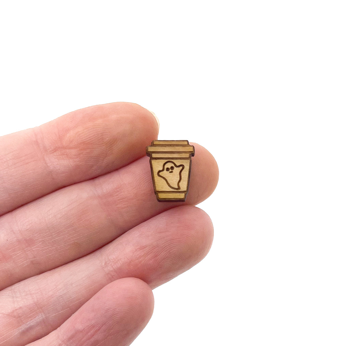 Spooky Ghost Latte Engraved Wood Cutout Cabochon Stud Earring Blanks