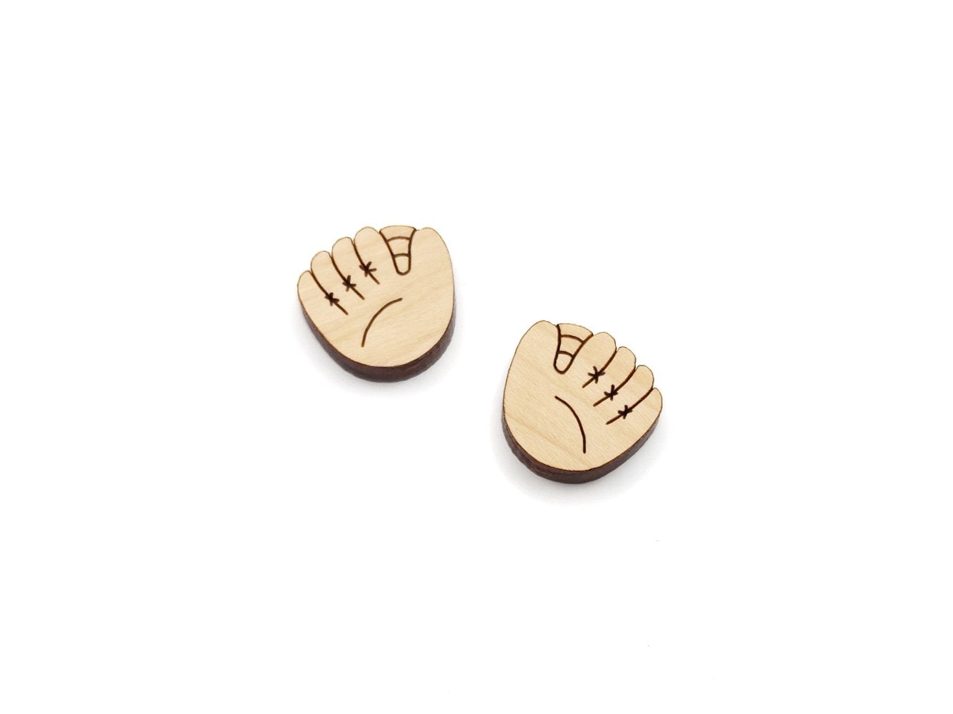 These baseball mitt engraved flat-back wood cabochon blanks are the perfect size to create stud earrings. You can paint them or keep the natural wood look with stains. They can also be used in other crafting projects.
