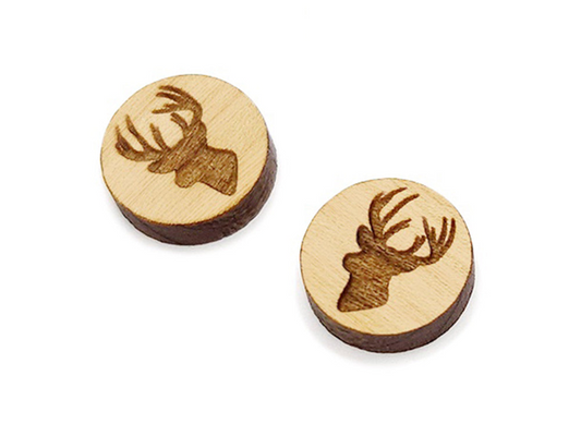 a small round wooden cabochon blank for stud earrings engraved with a deer.