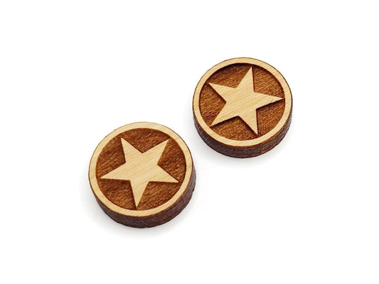 a pair of small round wooden cabochon blanks for stud earrings engraved with a star