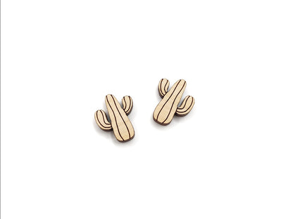 a pair of wooden cabochon stud earring blanks cut and engraved to look like a saguaro cactus