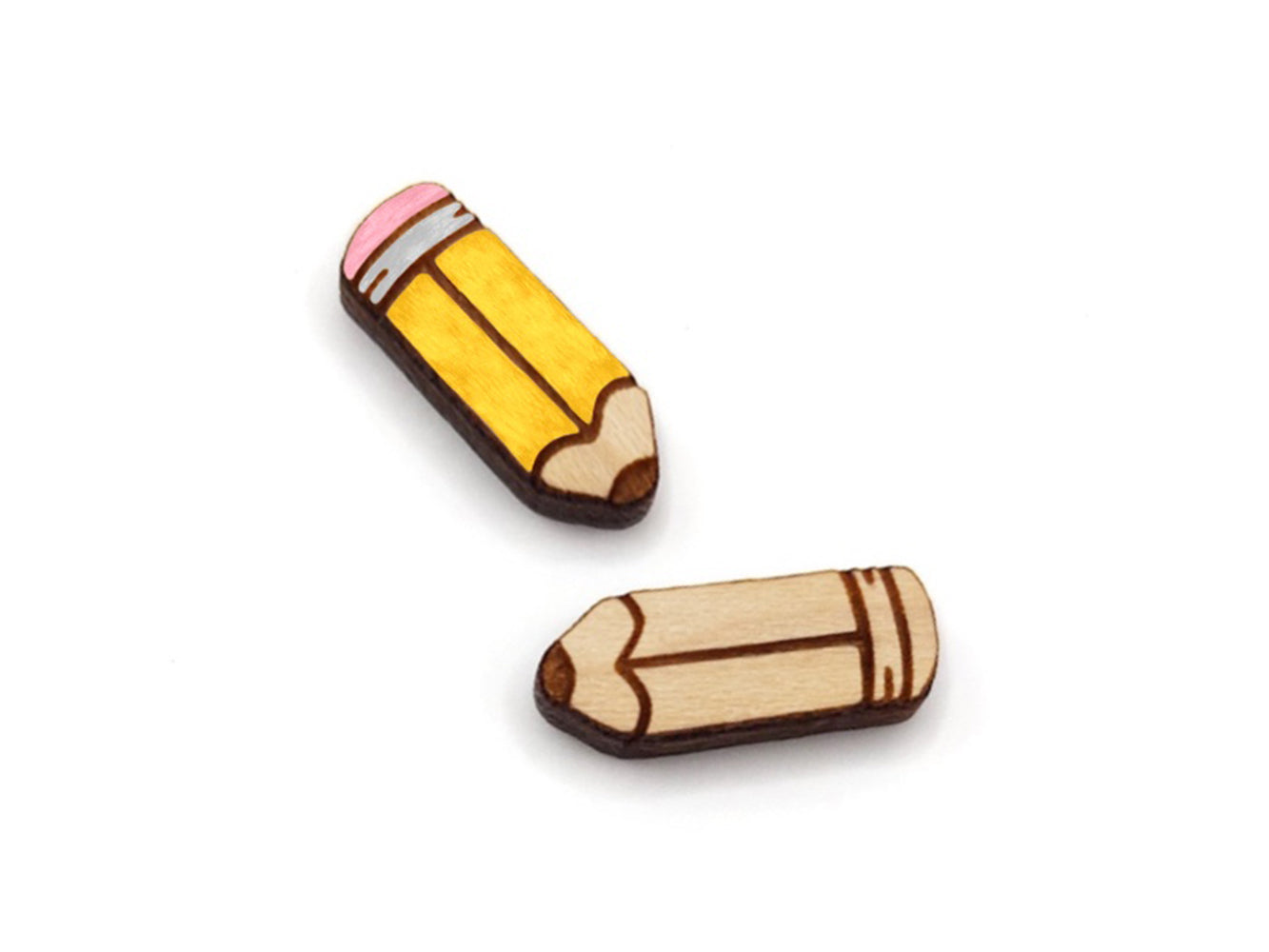 a pair of wooden cabochon earring blanks cut and engraved to look like a pencil