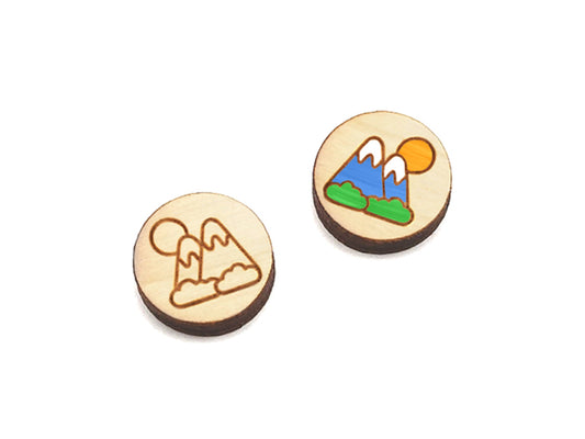 Mountain Scene Round Wood Cabochon Stud Earring Blanks
