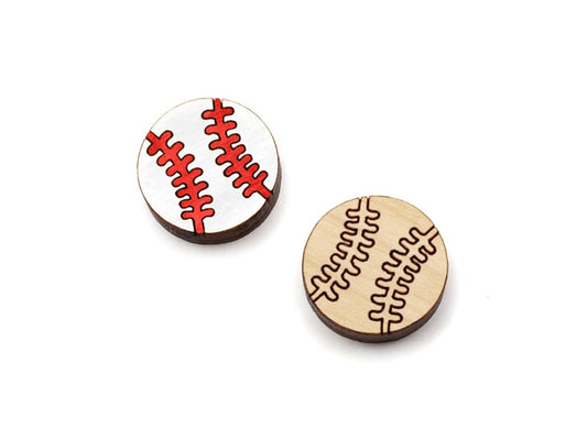 a pair of wooden cabochon stud earring blanks cut and engraved to look like baseballs
