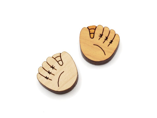 a pair of small wooden cabochon blanks for stud earrings, cut and engraved to look like baseball mitts