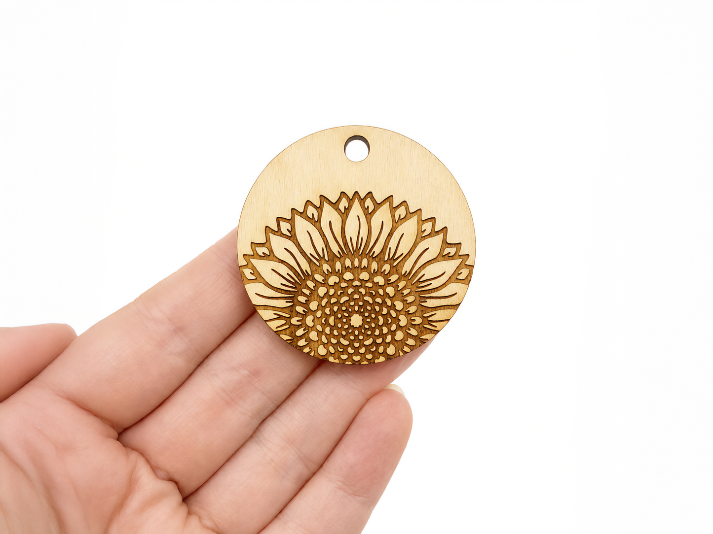 Sunflower Engraved Round Wood Keychain Charm Blanks