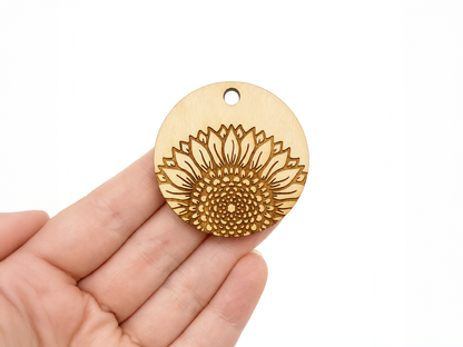 Sunflower Engraved Round Wood Keychain Charm Blanks