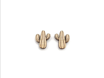 a pair of wooden cabochon stud earring blanks cut and engraved to look like a saguaro cactus