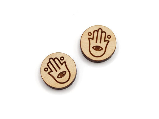 a pair of small round wooden cabochon blank for stud earrings engraved with a hamsa.