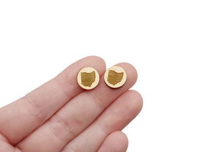a hand holding a pair of round wooden cabochon earring blanks engraved with the State of Ohio