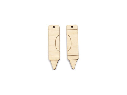 a pair of wooden earring blanks cut and engraved to look like a crayon