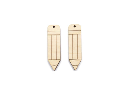 a pair of wooden earring blanks cut and engraved to look like a pencil