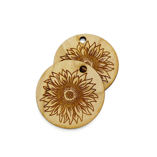 Sunflower Drawing Engraved Circle Shaped Wood Keychain Charm Blanks