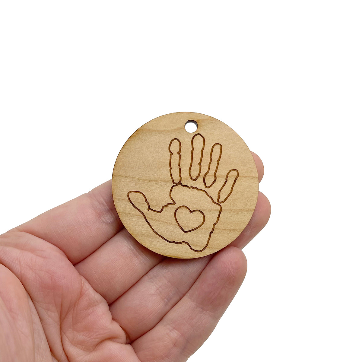 Heart Hand Print Engraved Circle Shaped Wood Keychain Charm Blanks