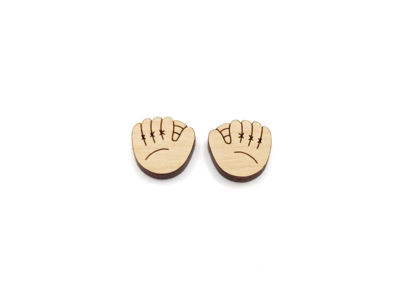 These baseball mitt engraved flat-back wood cabochon blanks are the perfect size to create stud earrings. You can paint them or keep the natural wood look with stains. They can also be used in other crafting projects.